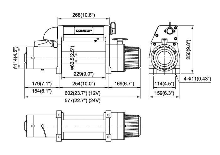 Розміри електричної лебідки ComeUp DV-9000i 24V