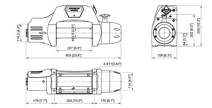 Размеры электрической лебедки ComeUp Seal DS-9.5rsi